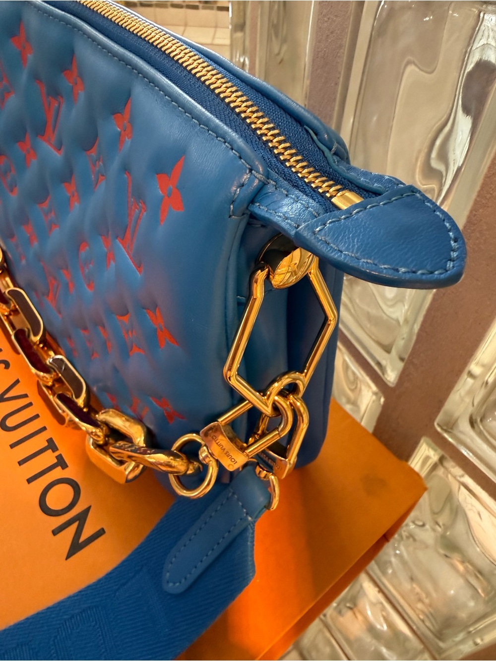 Louis Vuitton Blue & Red Quilted Monogram Coussin PM Bag with Gold Chain & Strap - Picture 5 of 14